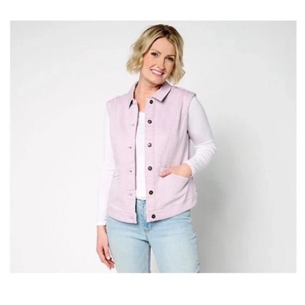AnyBody Washed Colored Denim Vest with Pitched Back Lavender, large